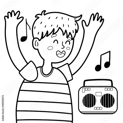 Cute boy listening music in black and white print. Funny kid enjoying a song and dancing. Vector illustration