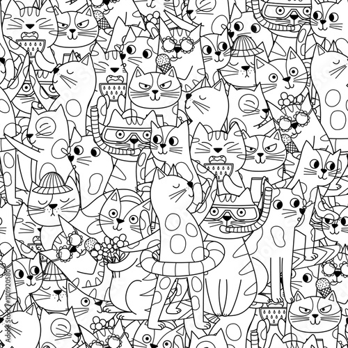 Summer cats black and white seamless pattern. Cute feline characters background for coloring book. Vector illustration photo