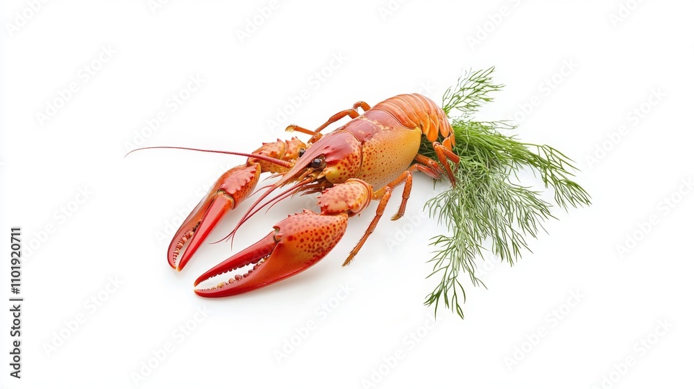 Boiled crayfish with dill isolated on white background Boiled crayfish with dill isolated on white background