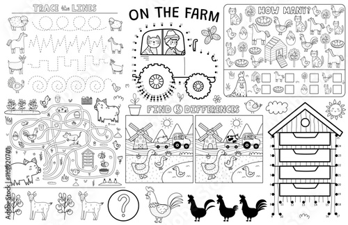 On the farm placemat with cute animals. Farm activity mat for kids with dot to dot, how many, trace the lines, find differences and maze games. Pig, goose, hen and others. Vector illustratio