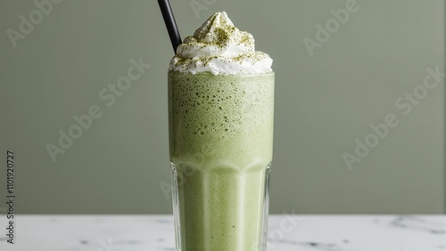 Matcha frapp with whipped cream in tall glass green hue   trendy caf vibes photo