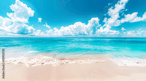 Wallpaper Mural Beautiful beach with white sand, turquoise ocean water, and blue sky with clouds on a sunny day. Panoramic summer vacation background. Torontodigital.ca