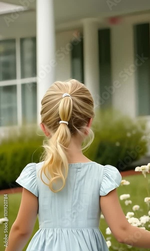 Blonde girl in a blue dress in a garden, walking, springtime, 5 year old girl, happiness photo