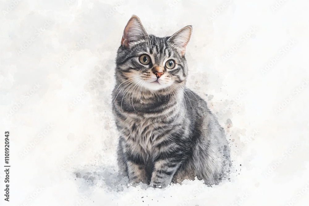 A domestic cat sitting in the snow, surrounded by winter landscape A domestic cat sitting in the snow, surrounded by winter landscape