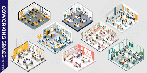 Isometric illustration of a modern coworking space with desks, computers, and people collaborating in a bright