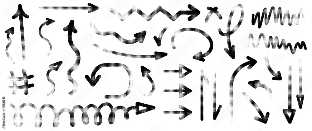 Set of different shapes of halftone effect arrows, drawn in black digital form for design in fun presentations and animated visuals with a tonal gradient effect. vector illustration Set of different shapes of halftone effect arrows, drawn in black digital form for design in fun presentations and animated visuals with a tonal gradient effect. vector illustration