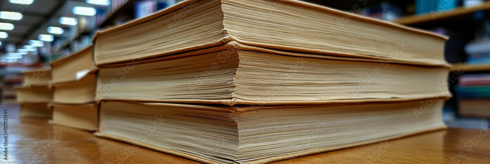 Obraz premium Books with worn edges are stacked neatly on a table in a serene library, where scholars find inspiration and knowledge amidst the shelves