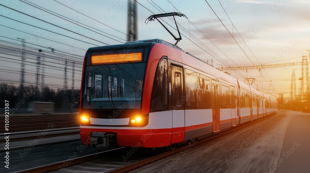 Naklejka premium Electric train in motion at sunset urban transport scene peak energy and electricity concepts