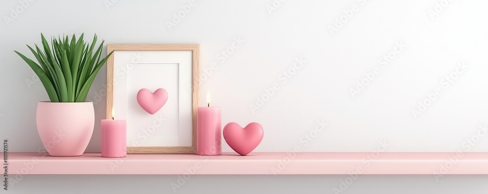 A floating shelf adorned with small heart sculptures, pink candles, and a tiny framed love quote Digital clipart watercolor aesthetic A floating shelf adorned with small heart sculptures, pink candles, and a tiny framed love quote Digital clipart watercolor aesthetic