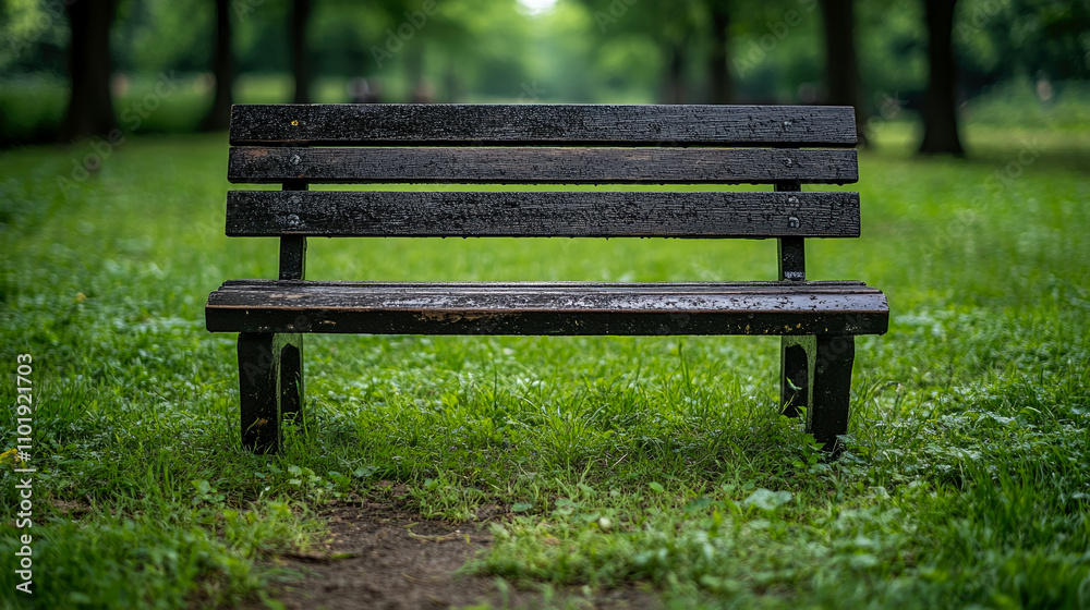 A weathered wooden bench sits on vibrant green grass, glistening from recent rain, surrounded by lush trees in a tranquil park atmosphere A weathered wooden bench sits on vibrant green grass, glistening from recent rain, surrounded by lush trees in a tranquil park atmosphere