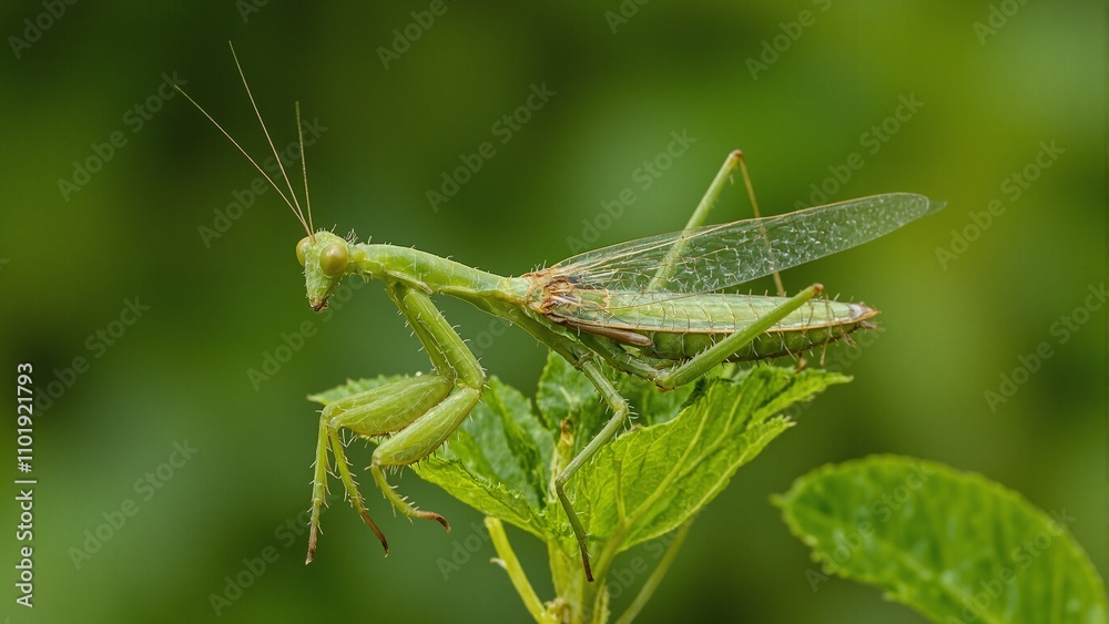 Vibrant green praying mantis with detailed anatomy and delicate wings