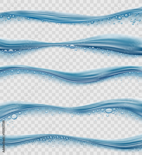 Pool line waterline, realistic water surface wave splash with bubbles. Vector 3d transparent blue waterline borders set. Isolated sea, ocean or pool splash of flowing water with ripple surface texture