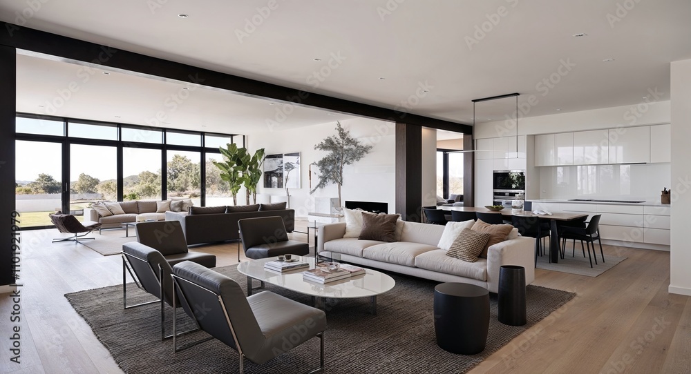 Open plan living areas with sleek furniture and minimalist decor elements Open plan living areas with sleek furniture and minimalist decor elements