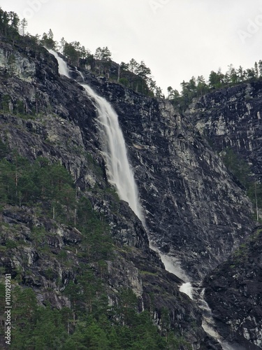 waterfall in the mountains background