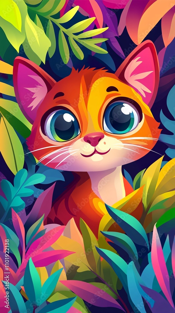 Naklejka premium A playful, cartoon-style illustration of a cute female cat. Big expressive eyes, exaggerated features, and colorful details. The cat is looking at you. Bright, cheerful background