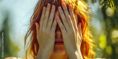 A woman covers her face with her hands, showing distress or embarrassment