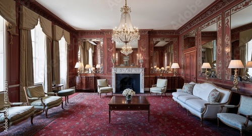 Rich paneling with inset mirrors and ornate carvings in formal sitting areas