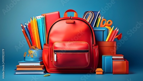  A colorful scene of school supplies such as a red backpack, notebooks, and paperclips i_1(129)