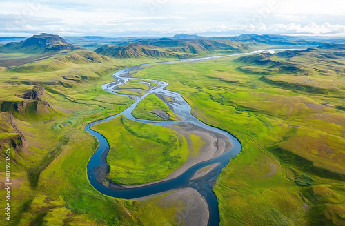 Aerial view of Iceland's glacial rivers and mountains, with intricate patterns of braided waterways
