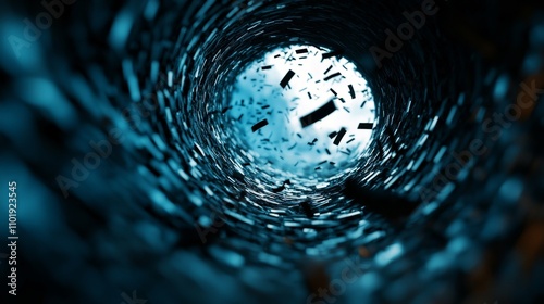 Wallpaper Mural A captivating view down a dark tunnel, illuminated by a bright light source at the end, with debris swirling in the blue-toned darkness. Torontodigital.ca