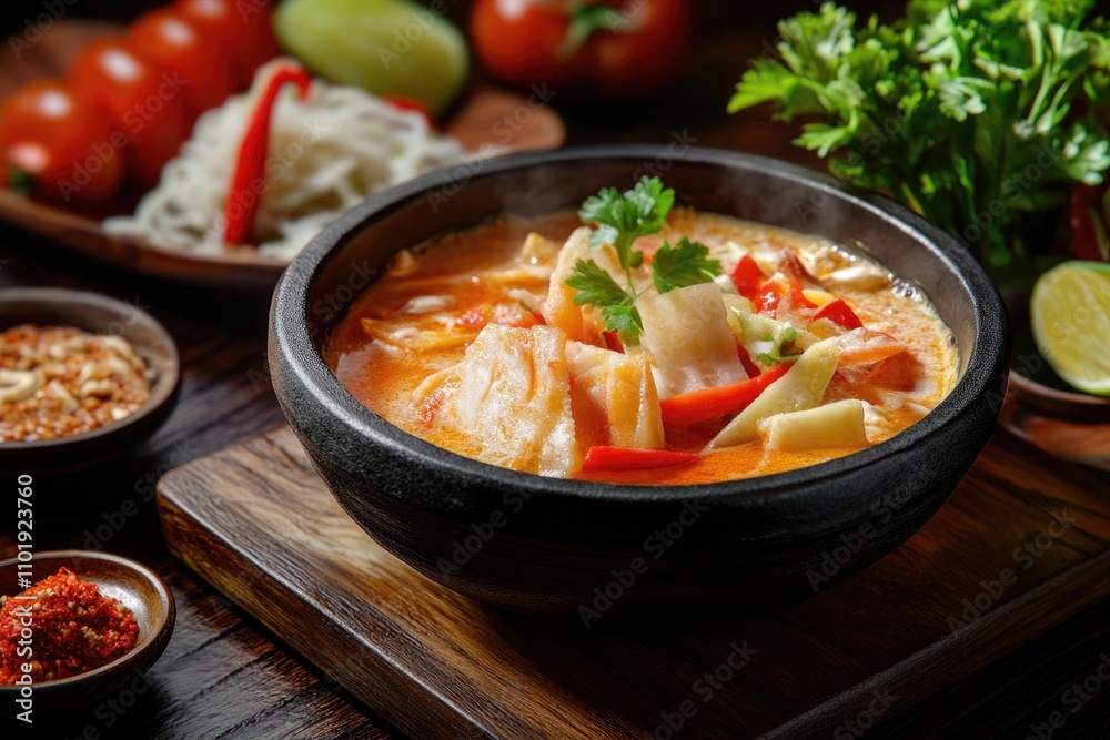A bowl of hot soup sitting on a wooden table, perfect for a cozy meal A bowl of hot soup sitting on a wooden table, perfect for a cozy meal
