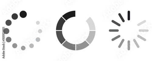 Loading icon vector set, progress bar loading icon vector set, monochrome simple loading icons flat illustration isolated on white background.