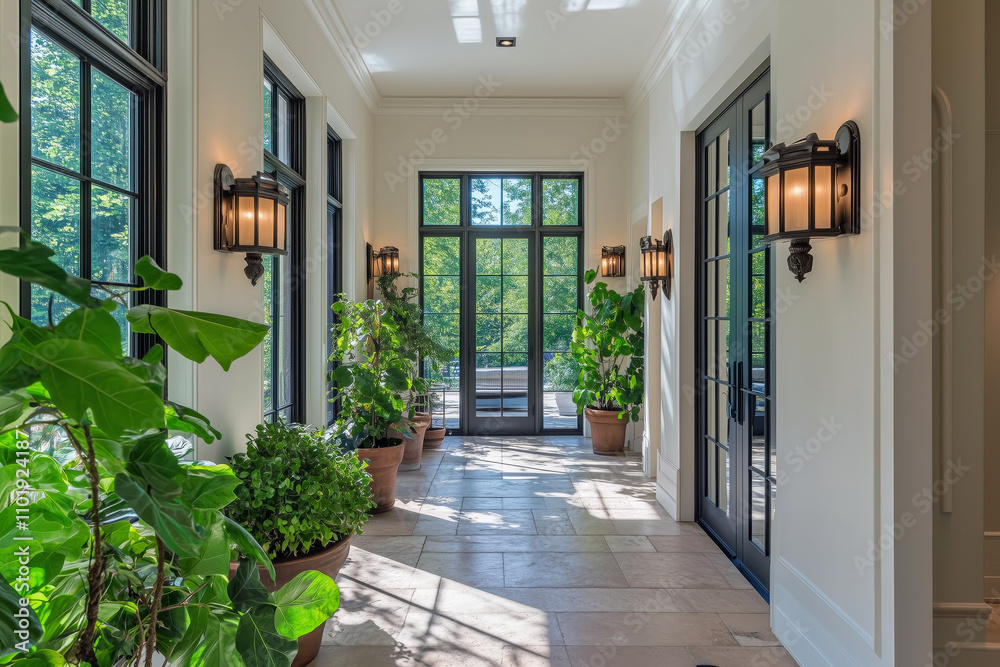 Fototapeta premium Hallway with large windows leading to the living room, potted plants, and stylish wall sconces.