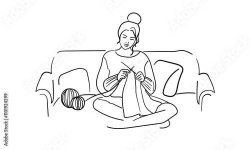 Woman knits with knitting needles on the sofa, continuous line art drawing isolated on white background. Handmade. Vector illustration