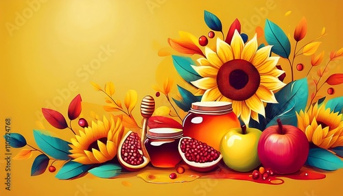  A colorful Rosh Hashanah design is created with honey, apples, sunflowers, and pomegran_1(113) photo