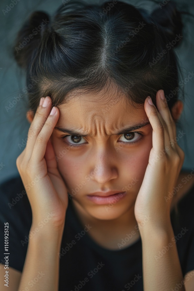 A woman holds her head in her hands, possibly feeling pain or discomfort A woman holds her head in her hands, possibly feeling pain or discomfort