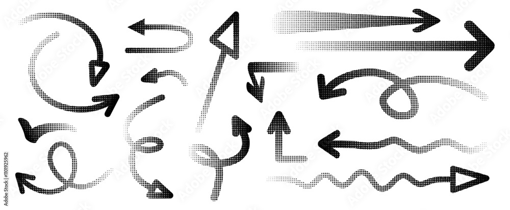 Set of different shapes of halftone effect arrows, drawn in black digital form for design in fun presentations and animated visuals with a tonal gradient effect. vector illustration Set of different shapes of halftone effect arrows, drawn in black digital form for design in fun presentations and animated visuals with a tonal gradient effect. vector illustration