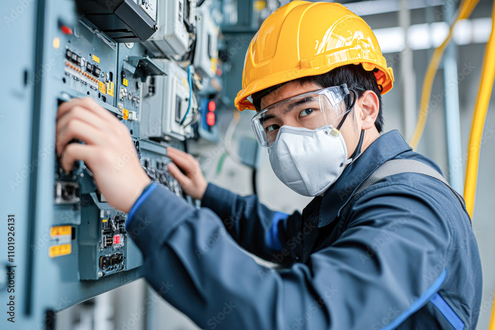Electrician working on power systems industrial plant action shot indoor close-up safety focus Electrician working on power systems industrial plant action shot indoor close-up safety focus