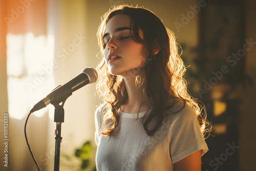 Young Classical Singer Rehearsing in Bright Sunlit Room   photo