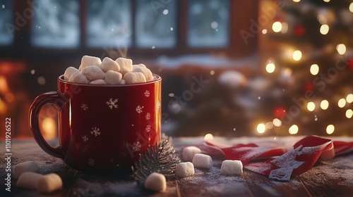 Festive Hot Cocoa with Marshmallows by a Christmas Tree