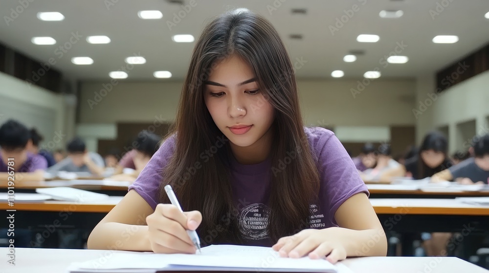 Focused young woman writing during an exam in a large lecture hall. Focused young woman writing during an exam in a large lecture hall.