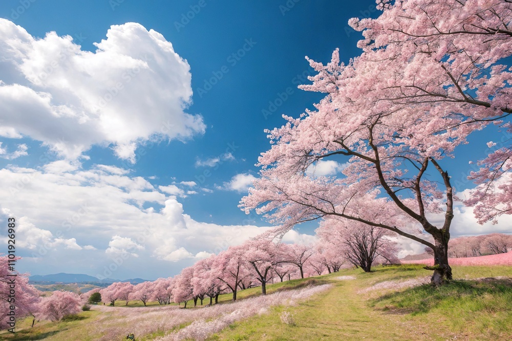 A stunning array of cherry blossoms in various stages of bloom fills the entire canvas against a brilliant blue spring sky with fluffy white clouds, soft focus, , vibrant pink, cherry blossom A stunning array of cherry blossoms in various stages of bloom fills the entire canvas against a brilliant blue spring sky with fluffy white clouds, soft focus, , vibrant pink, cherry blossom