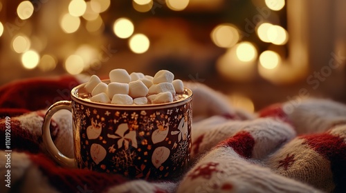 Cozy Hot Chocolate with Marshmallows on a Festive Knit Blanket