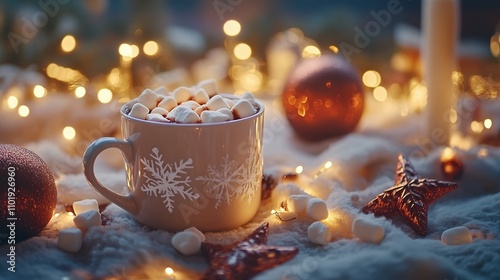 Cozy Winter Mug of Hot Cocoa with Marshmallows and Festive Decor