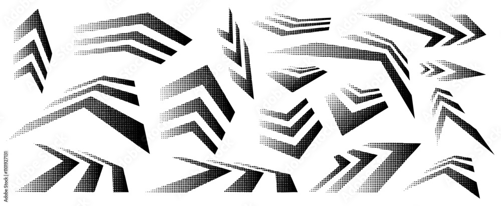 set of arrows in perspectives with texture, variation of models in halftone style. Vector arrow illustrations