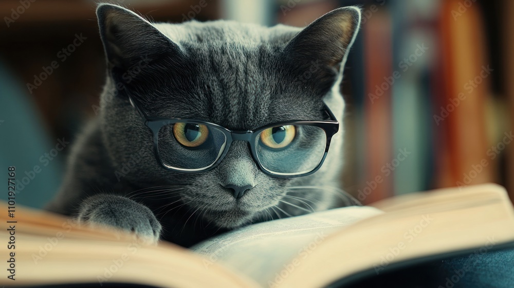 Grey Cat Wearing Glasses Reads Book Grey Cat Wearing Glasses Reads Book