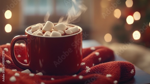 Steaming mug of hot chocolate with marshmallows on a cozy red blanket