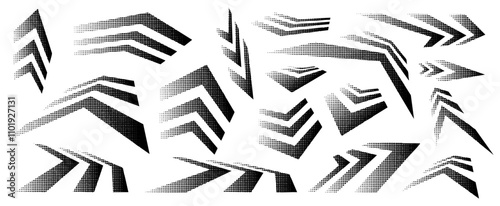 set of arrows in perspectives with texture, variation of models in halftone style. Vector arrow illustrations