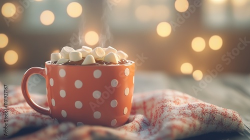 Steaming mug of hot chocolate topped with marshmallows, bokeh background.