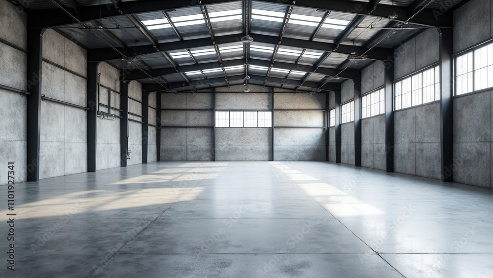 A clean and bright warehouse mockup ready for large design layouts