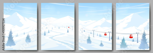 Set of 4 posters with a mountain winter landscape. Snow-covered mountains and trees. Ski resort with funicular, ski lift. Concept of winter sports, skiing and snowboarding. Vector image.