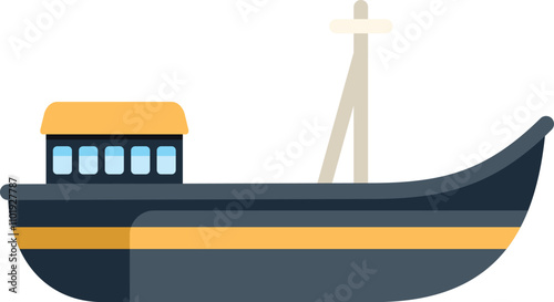 Fishing boat sailing on water with a mast and a cabin in flat design style icon