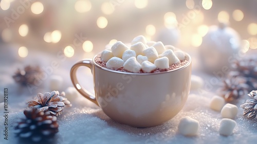 Cozy Winter Mug of Hot Chocolate Topped with Marshmallows