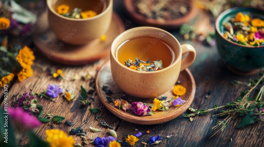 Herbal tea in rustic cups with dried flowers on a wooden table Herbal tea in rustic cups with dried flowers on a wooden table