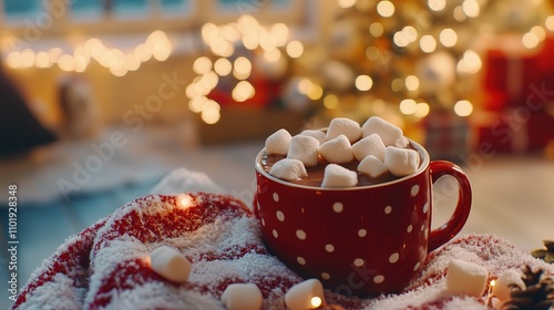 Festive Hot Cocoa with Marshmallows by a Christmas Tree