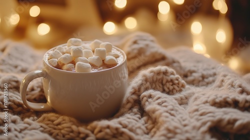 Cozy Hot Chocolate with Marshmallows on a Knit Blanket with Fairy Lights